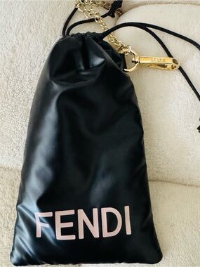 Fendi Black Leather Drawstring Mini phone , Bag with Gold Chain